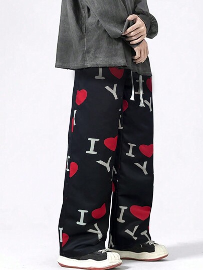 Street Life Pantaloni casual lunghi con stampa digitale a cuore per uomo, di moda