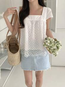 DAZY 女士和女孩休闲无袖蕾丝拼布衬衫娃娃装上衣 - 白色 - 查看 1