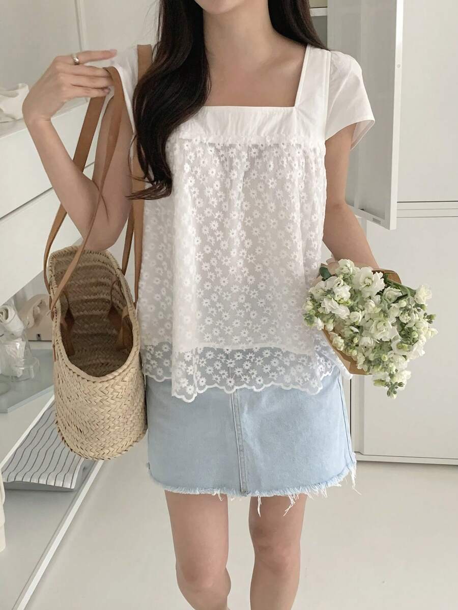 DAZY 女士和女孩休闲无袖蕾丝拼布衬衫娃娃装上衣 - 白色 - 查看 1