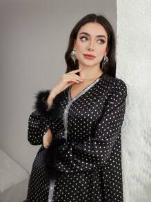 Graceveil Women's V-Neck Loose Polka Dot Silver Foil Furry Elegant Arabic Long Dress Modest - Black - View 5