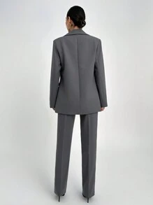 SHEIN Tall Women Solid Color Front Button Pocket Detailed Collar Neck Cardigan & Sweater Skirt Set, Tall Women - Grey - View 2