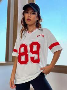 StreetHx Letter Graphic Drop Shoulder Tee Graphic Tees Women Tops - Red and White - View 4