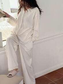 DAZY Soft Knit Jacquard & Lace Trim Loose Pajamas Set - Beige - View 5
