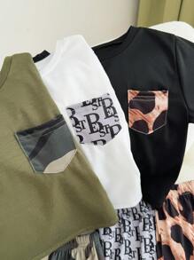 6pcs/Set Young Boys Casual Funny Cute Patchwork Print Pattern Round Neck Short Sleeve T-Shirt & Shorts 2 Pieces Outfits, 3 Designs, Suitable For School, Garden, Beach, Birthday, Spring/Summer/Autumn/Winter - Multicolor - View 3