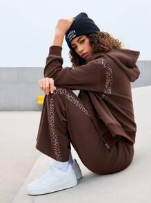SHEIN Sports Women's Sportswear Leopard Print Zip-Up Hoodie And Long Pants Setwomen Workout Set - Brown - View 4