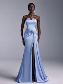 Elitara 优雅浅蓝色缎面露肩不对称 V 领扭曲鱼尾侧高开叉迷人垂坠尾部正式晚礼服、婚礼宾客礼服、派对礼服 - 淺藍色 - 查看 6