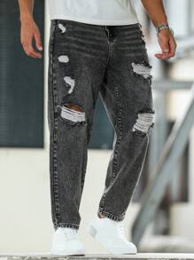 Manfinity Roughcore Quần Jeans Nam Túi Xiên Rách Dáng Rộng - Màu xám đen - Xem 4