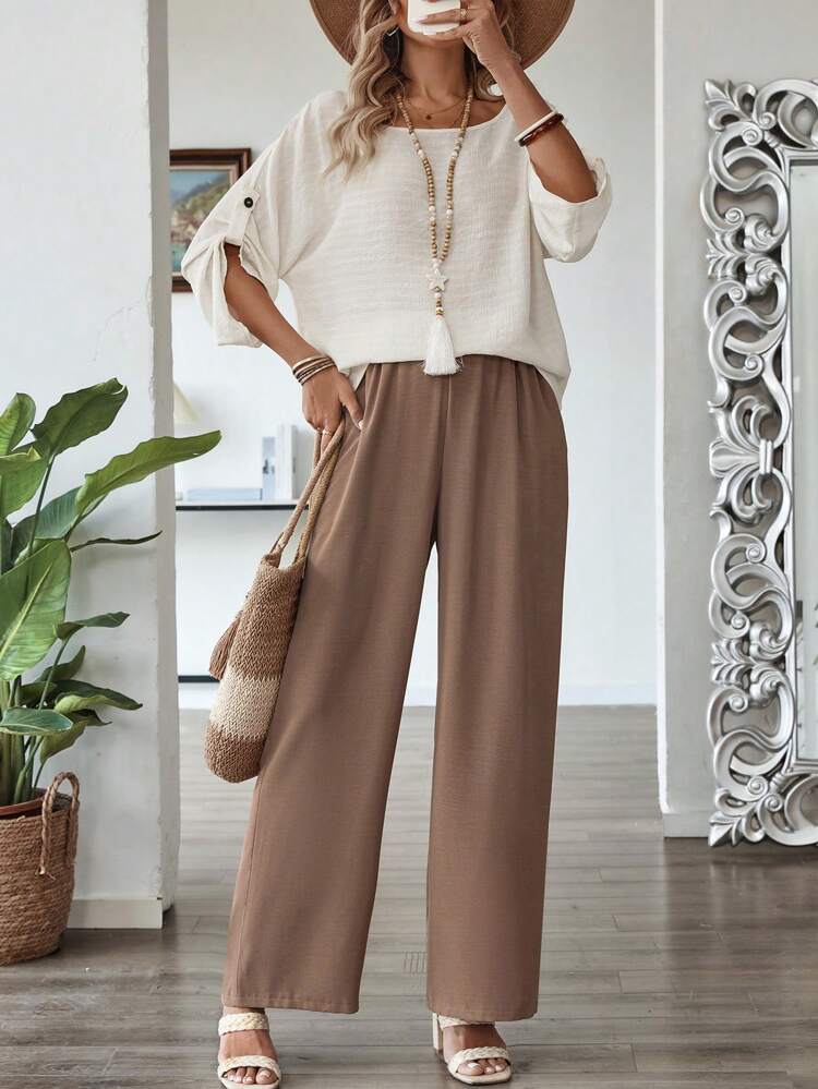 2pcs Women Solid Color Top And Pants Set, Minimalist Fashion Casual Daily Wear