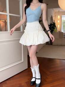 DAZY Falda con cintura elástica y lazo de unicolor para mujer, de verano