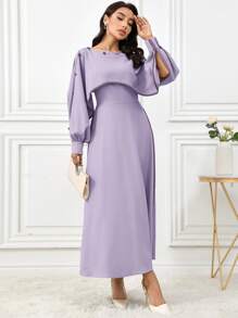 Modelyn Women's Elegant Color Block Patchwork Long Dress - Purple - View 6