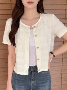 DAZY Women Texture Fabric Button Front Short Sleeve T-Shirt