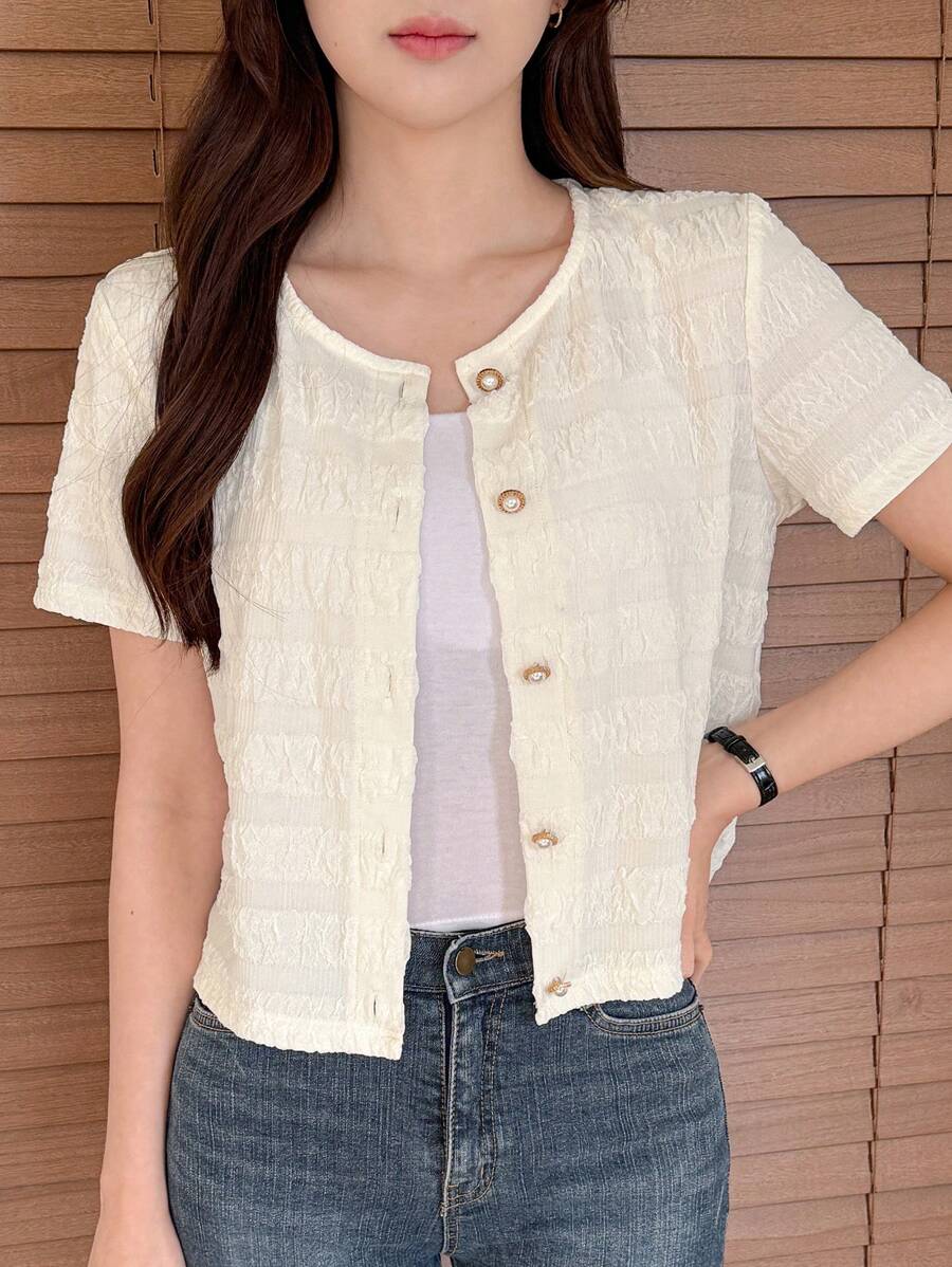 DAZY Women Texture Fabric Button Front Short Sleeve T-Shirt