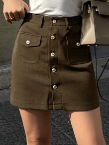DAZY Women's Solid Color Front Button Minimalist Large Pocket Cargo Skirt - Coffee Brown - View 6
