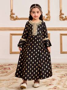 Young Girl Gold Foil A-Line Long Sleeve Print Dress, Suitable For Parties, Outings And Other Occasions - Black - View 6