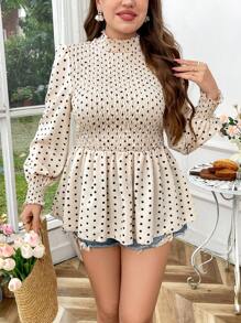 Flirla 大码女式高领圆点印花长袖衬衫 - 彩色 - 查看 4