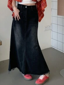 DAZY 女士休闲牛仔A字裙，简约时尚，适合日常穿着的牛仔裙 - 黑色 - 查看 5