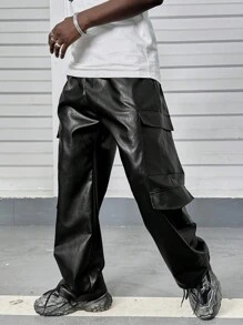 Manfinity RebelGame Men's PU Leather Wide-Leg Straight Pants, Casual And Fashionable For Daily Wear - Black - View 6