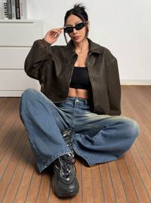 SHEIN EZwear Autumn New Vintage Washed Snowflake PU Leather Jacket - Brown - View 5