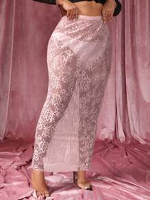 SHEIN SXY 大码性感透明蕾丝长裙 - 粉色 - 查看 1