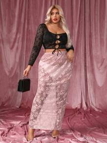 SHEIN SXY 大码性感透明蕾丝长裙 - 粉色 - 查看 6