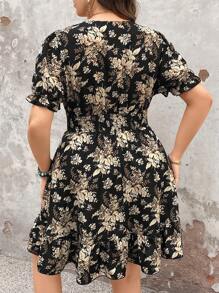 Breezaya Plus Size Women Boho Black Floral Print Short Sleeve Vacation Dress, For Summer