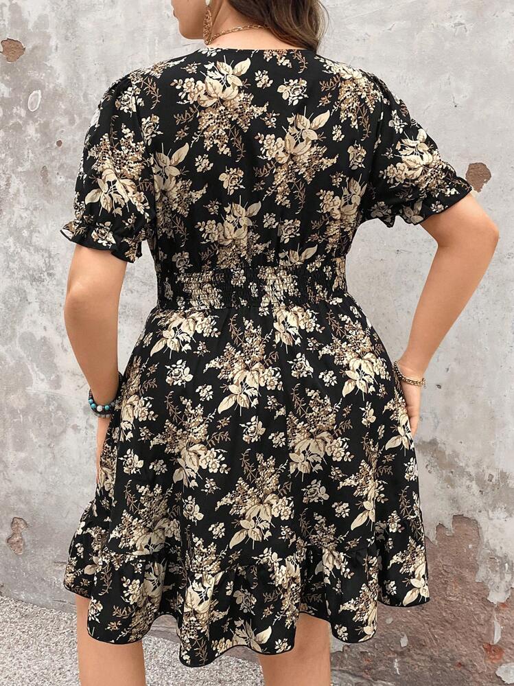 Breezaya Vestido de vacaciones de manga corta con estampado floral negro para mujer de talla grande, para verano - Multicolor - Añade 2