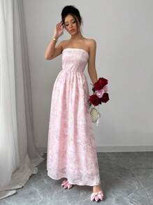 Chiquease Đầm dự tiệc lãng mạn, hở eo, viền ngọc trai, họa tiết jacquard màu hồng ngọt ngào thanh lịch dành cho nữ - Hồng - Xem 5