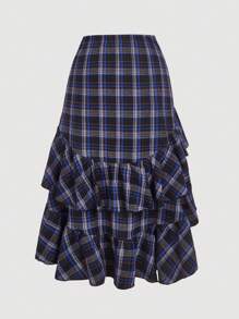 SHEIN MOD Falda asimétrica de múltiples capas con volantes, cordón y estampado de cuadros para tallas grandes