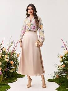 Modelyn 女士花卉印花灯笼袖浪漫优雅衬衫 - 米色 - 查看 5