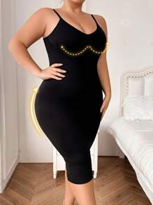 1pc Plus Size Seamless High-Waist Camisole For Women, Long Length Shapewear - Black - View 3