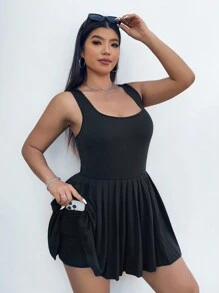 SHEIN EZwear 黑色加大码褶边连体裤