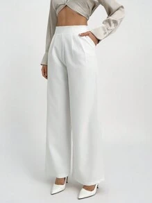 SHEIN Tall Women's Dart And Side Zip Detailed Wide Leg Casual, Elegant Pants - White - View 4