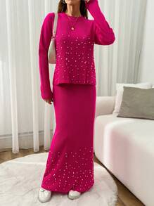 RueChic Conjunto de tejido de punto de falda larga y jersey con perlas - Rosa Fucsia - Ver 5