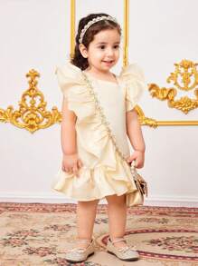 SHEIN Babygirl Elegant Flounced Hem Fancy Dress, Suitable For Summer - Champagne - View 6