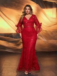 Glamrae Đầm dạ hội dáng đuôi cá ren tay bồng màu hồng nhạt đính hạt cườm và sequin, cỡ lớn, thanh lịch, thích hợp cho tiệc prom, tiệc Valentine. - Đỏ - Xem 1