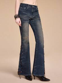 ROMWE Grunge Punk Vintage Distressed Denim Flare Jeans With Tie Belts & Mini Raccoon Decor, Shibuya Girl Style - Dark Grey - View 8