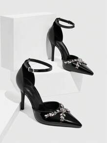 CUCCOO SZL Fashionable Sexy Party/Clubbing Black Rhinestone Buckle Pointed Toe Hollow Out Women High Heels Spring Shoes Spring Break Easter Prom Heels - Black - View 2