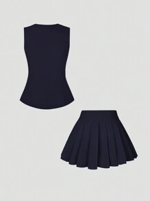 Sweetra Women's Elegant Luxury Style Decorated Button Vest + Pleated Mini Skirt 2 Pieces Suit Set For Party Y2K Outfit  - Navy Blue - View 2