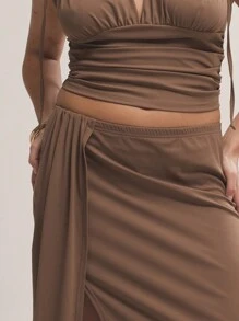 MUSERA Chân váy maxi gợi cảm, ôm sát, xếp ly phía trước, cỡ lớn, thích hợp cho buổi hẹn hò, đi chơi với bạn bè, kỳ nghỉ, dịp đặc biệt, dự tiệc cưới, mùa hè. - màu nâu - Xem 5