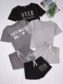 Shein Underwear&Sleepwear Basics 3pcs/Set Plus Size Casual Letter Print Short Sleeve T-Shirt And Shorts Outfits
