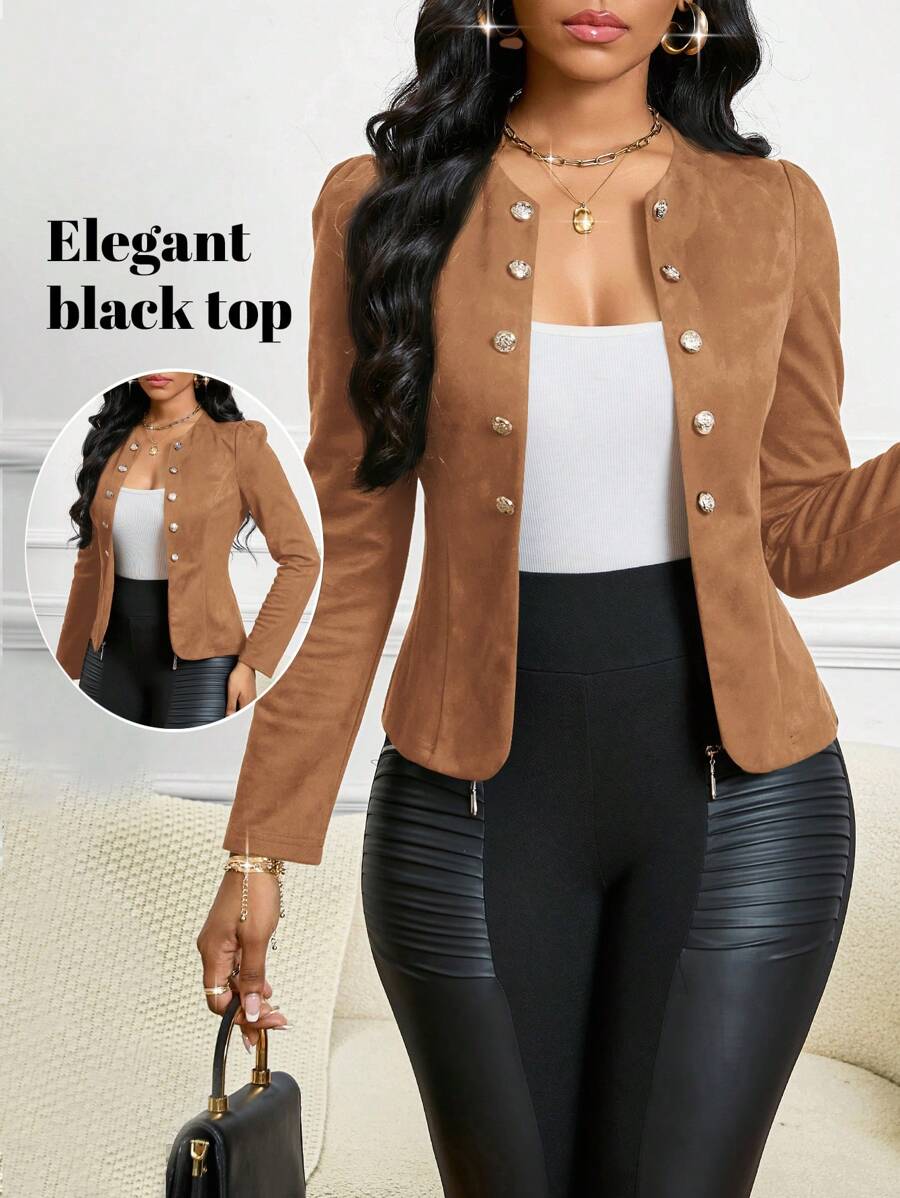 SHEIN Lady Four Season/ Attire/ Suede Black Button Detail Open Front Jacket In Fall/Winter - Rust Brown - View 1