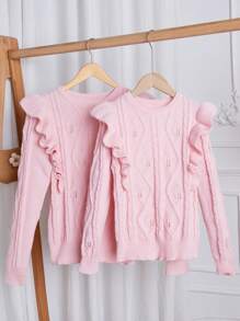 Women Fashion Elegant Cable Knit Ruffle Trim Crew Neck Pullover Warm Sweater Knit Pullover Fall Winter - Pink - View 6