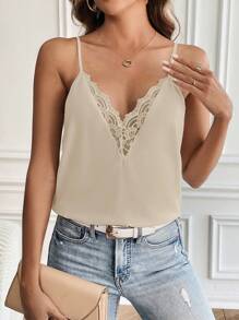 SHEIN Frenchy Embroidered Net Yarn Decorated Scallop Lace Trimmed Halter Tank Top Summer - Beige - View 4