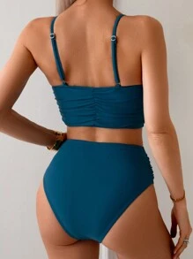 Swim Lushoire Summer Women's Plain Ruffled Tankini Set - Teal Blue - View 2