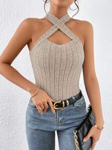 SHEIN Essnce Women Solid Rib-Knit Criss-Cross Cropped Cami Tank Top - Khaki - View 2
