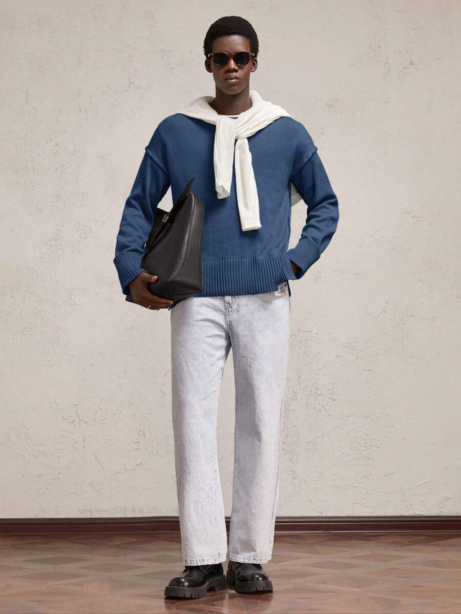 AKNOTIC Business Casual Men's Loose Fit Knit Round Neck Dropped Shoulder Long Sleeve Casual Sweater, For Fall Winter - Blue - View 1