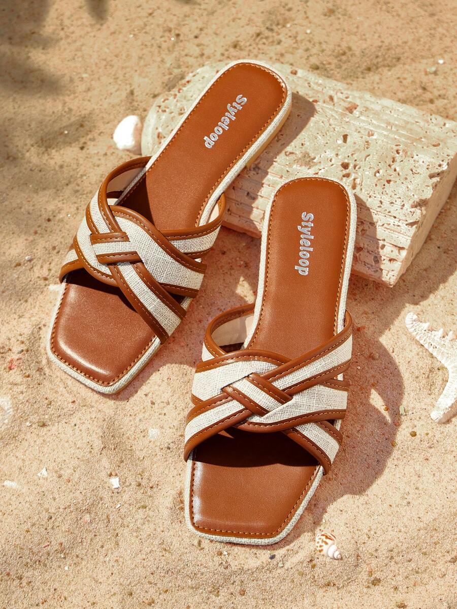 Styleloop 全新户外女士平底凉鞋，编织休闲方头平底一脚蹬拖鞋，驼色厚底百搭鞋 - 駝色 - 查看 1