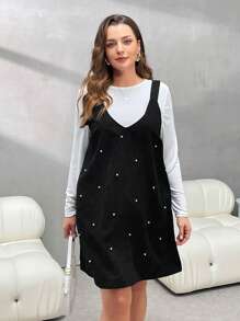 SHEIN Essnce 大码女式珠饰无袖连衣裙和长袖上衣 2 件套 - 黑色 - 查看 3