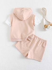 Cozy Pixies 2 pièces Ensemble pour bébé garçon avec sweat-shirt à capuche en tricot doux à imprimé lettres et couleur contrastée, et short à taille élastique - Kaki - Voir 2