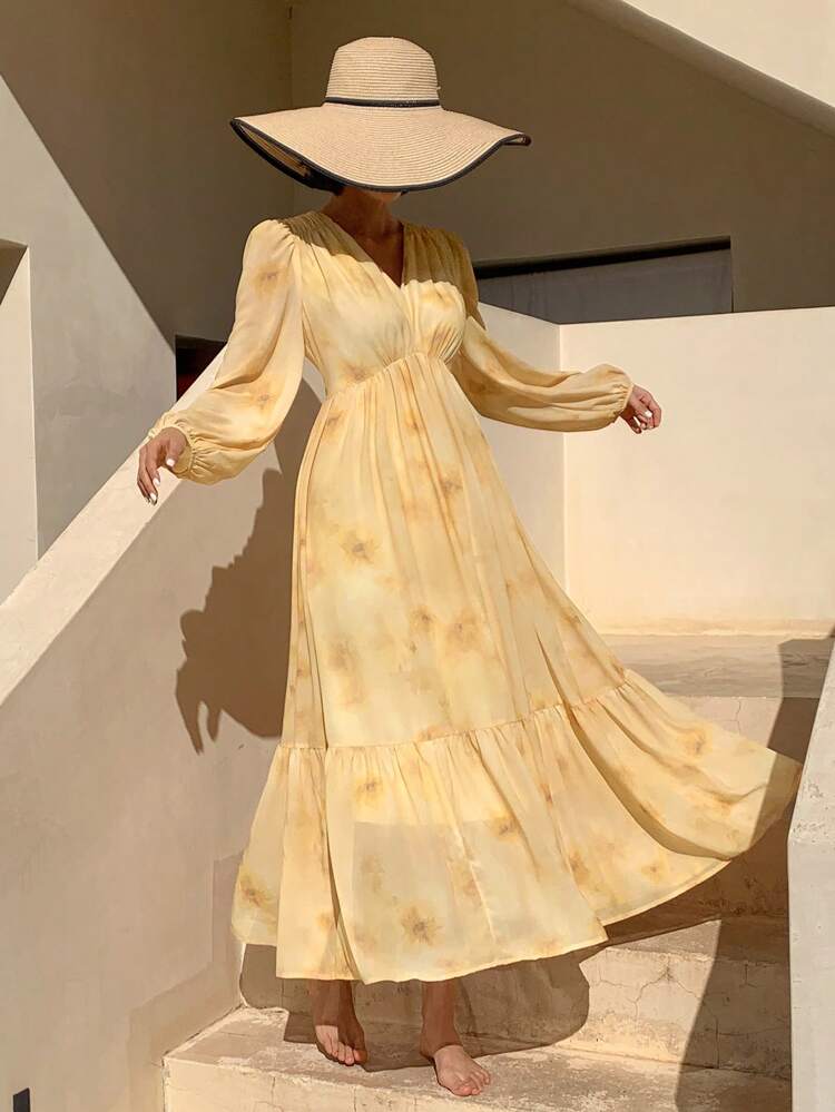 Women Elegant Floral Midi Dress, Suitable For Spring/Fall Vacation,Ruffle Long Sleeve Dress